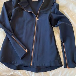 Navy blue asymmetrical rose gold zip jacket
